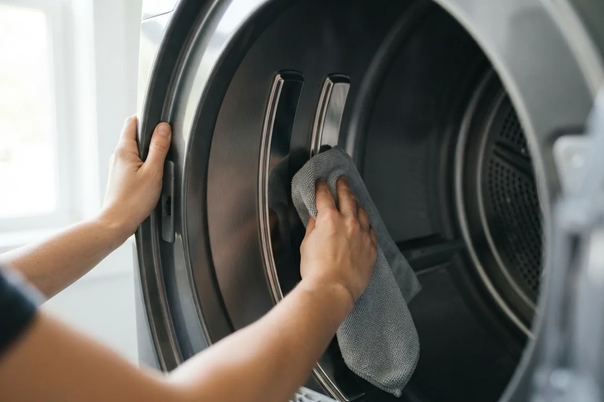 Hands cleaning metal moisture sensor strips inside a dryer drum to prevent dryer shutting off mid cycle