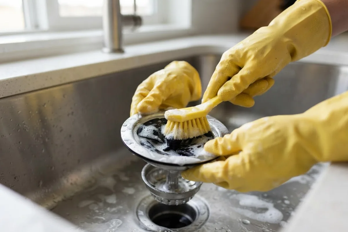 Scrubbing under the rubber splash guard to fix why does my garbage disposal smell