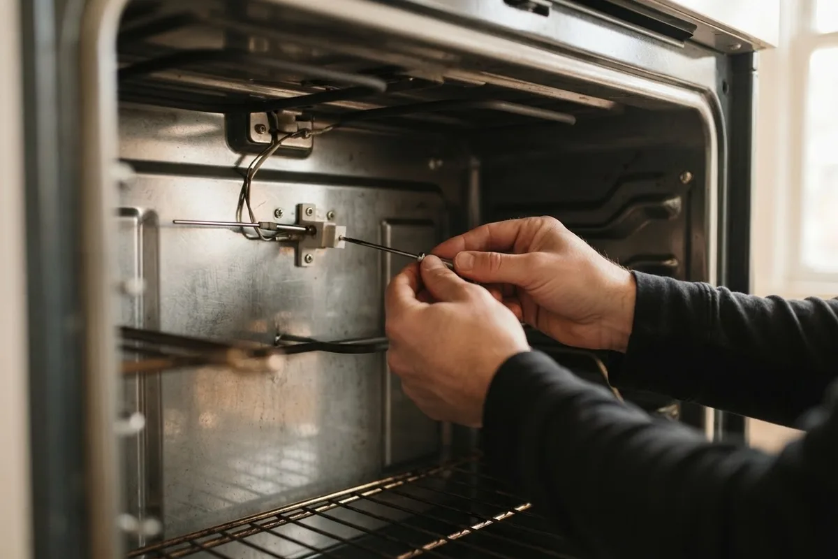 Inspecting an oven temperature sensor probe inside the oven cavity to fix why the oven keeps shutting off.