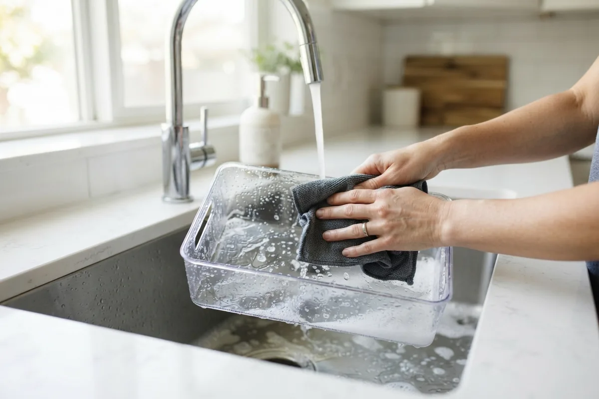 Hands washing a clear plastic ice storage bin in a sink to fix bad-tasting refrigerator ice.