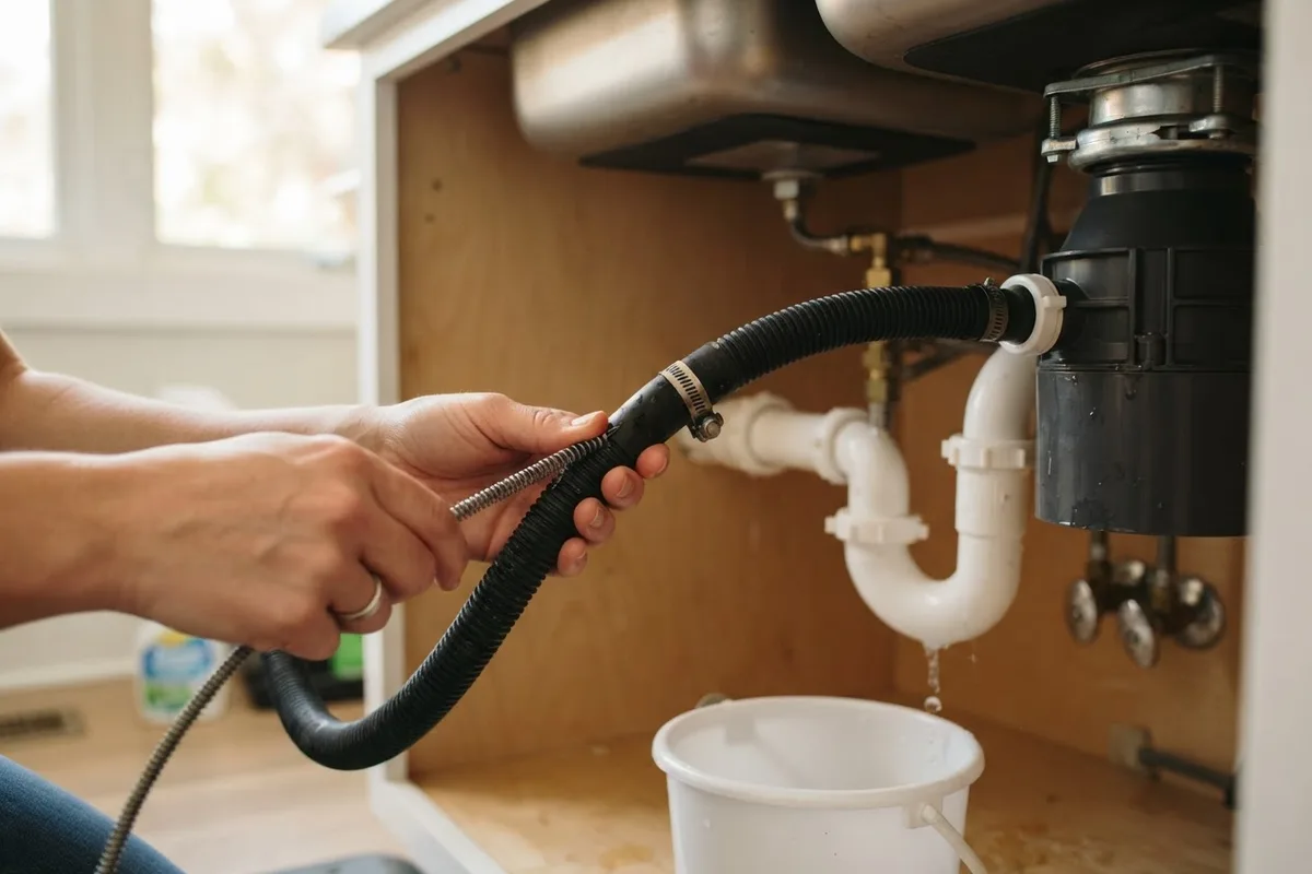 Homeowner cleaning a clogged drain line to stop a dishwasher air gap overflowing on the kitchen counter.