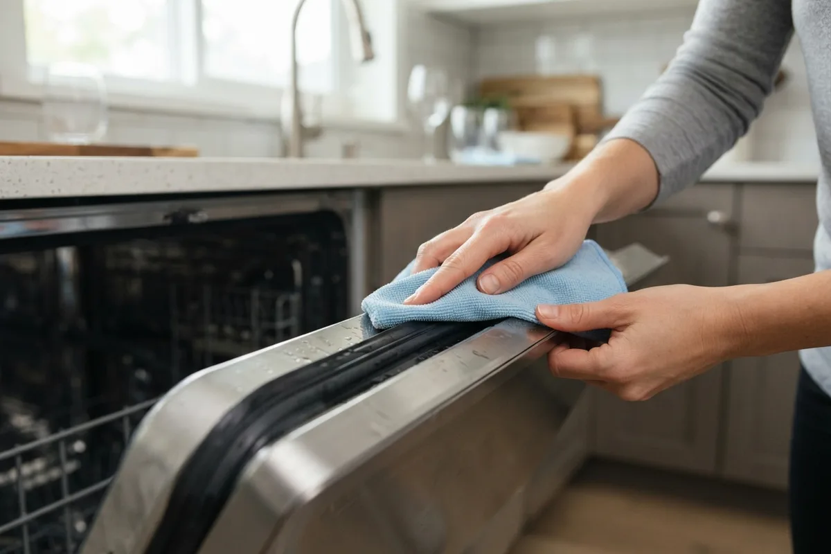 A homeowner cleaning a dishwasher door gasket to fix a dishwasher door leaking steam.