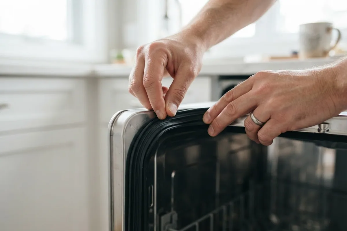 Hands pressing rubber perimeter gasket into groove to fix dishwasher door popping open
