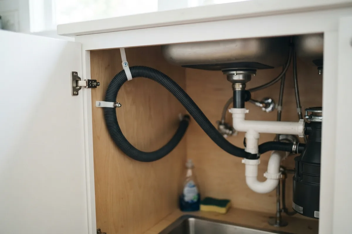 Dishwasher drain hose secured in a high loop under kitchen sink to prevent dishwasher filling with water when off.