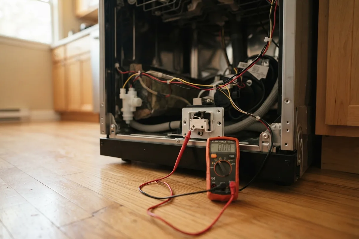 Testing a dishwasher float switch microswitch with a digital multimeter behind the lower kickplate.