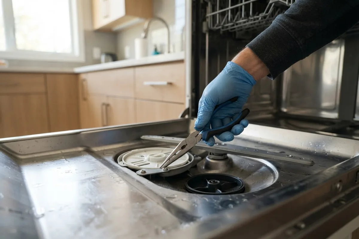 Hands inspecting the lower wash pump basin to troubleshoot a dishwasher humming noise.