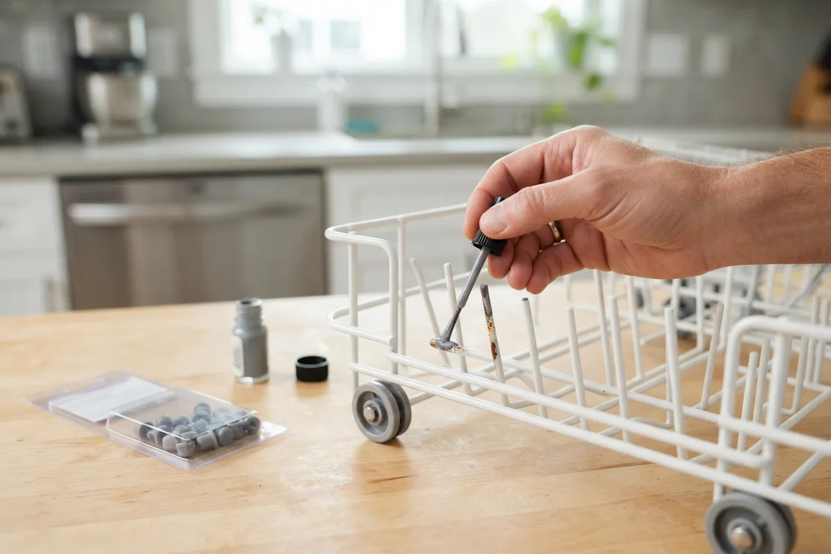 Applying liquid vinyl paint to a bare steel tine to fix a dishwasher rack rusting issue.