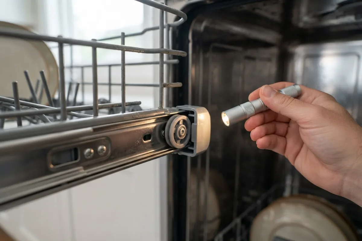 Close-up inspection of roller wheels and metal slide tracks on a stuck dishwasher rack inside the wash tub.