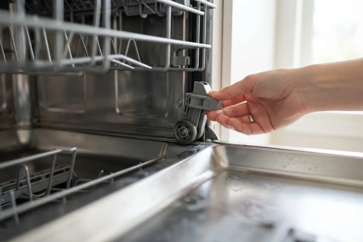 Hands checking the roller wheel and height adjuster on a dishwasher upper rack slanted inside the tub.