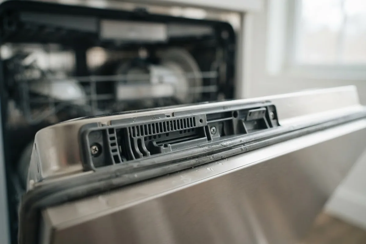 Close-up of a dishwasher vent leaking water repair showing the inner door gasket and vent assembly.