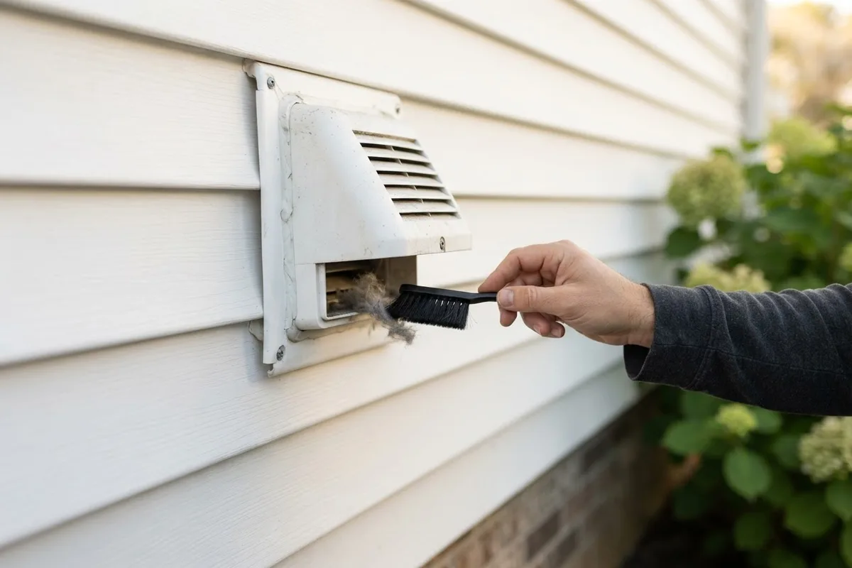 Cleaning lint from an exterior wall damper on a dryer vent dripping water.