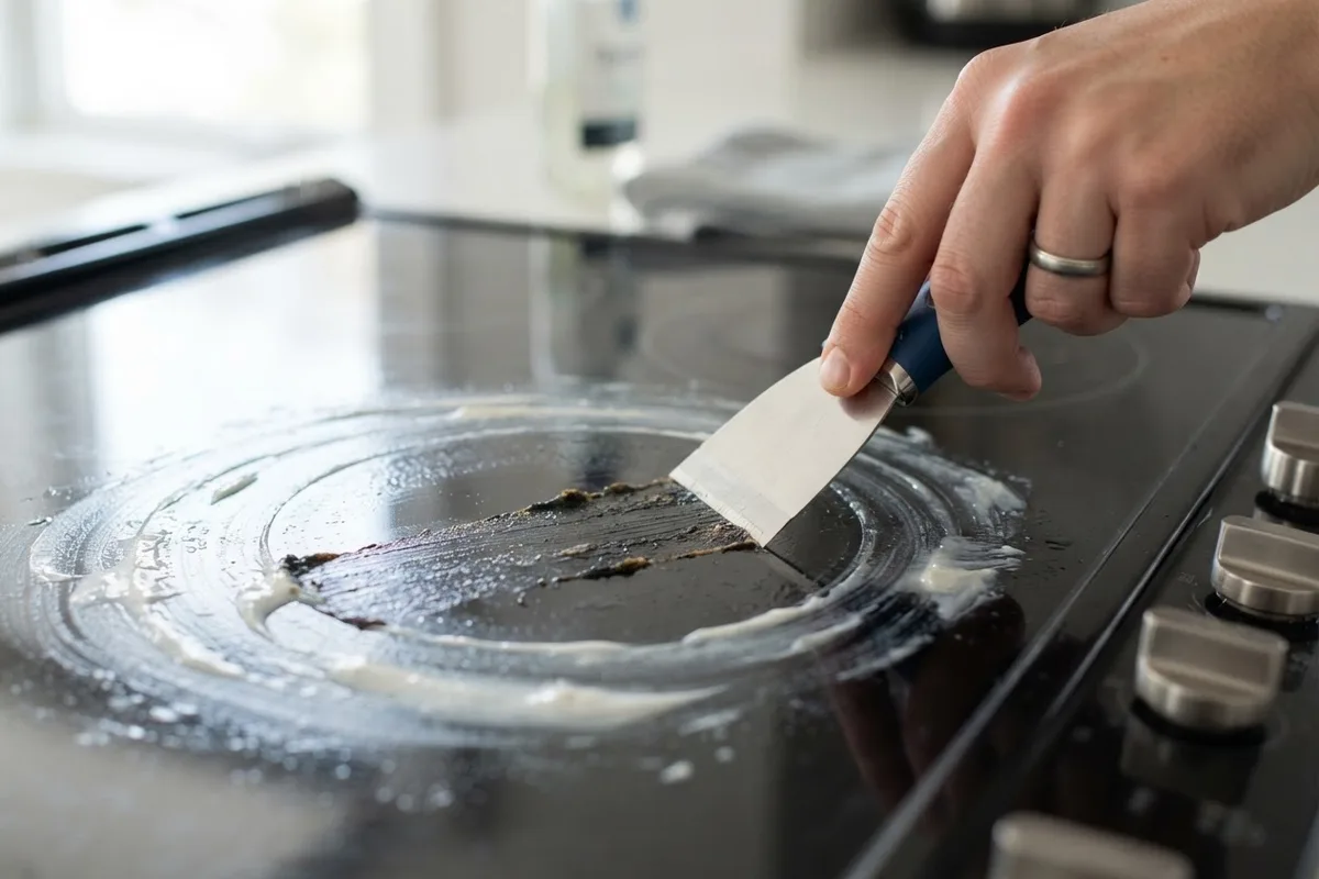 Using a razor blade scraper and cream to remove stubborn cloudy residue from a smooth glass stove top.