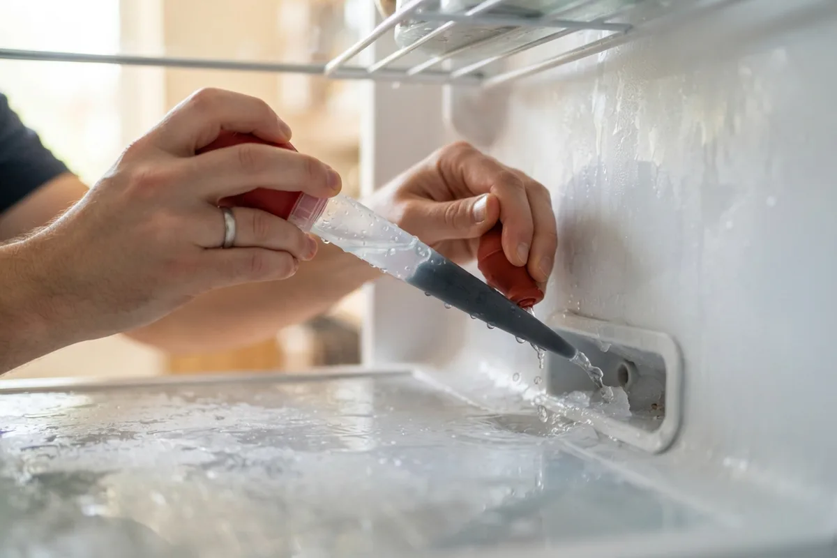 Close-up of clearing a clogged defrost drain to stop ice building up in freezer