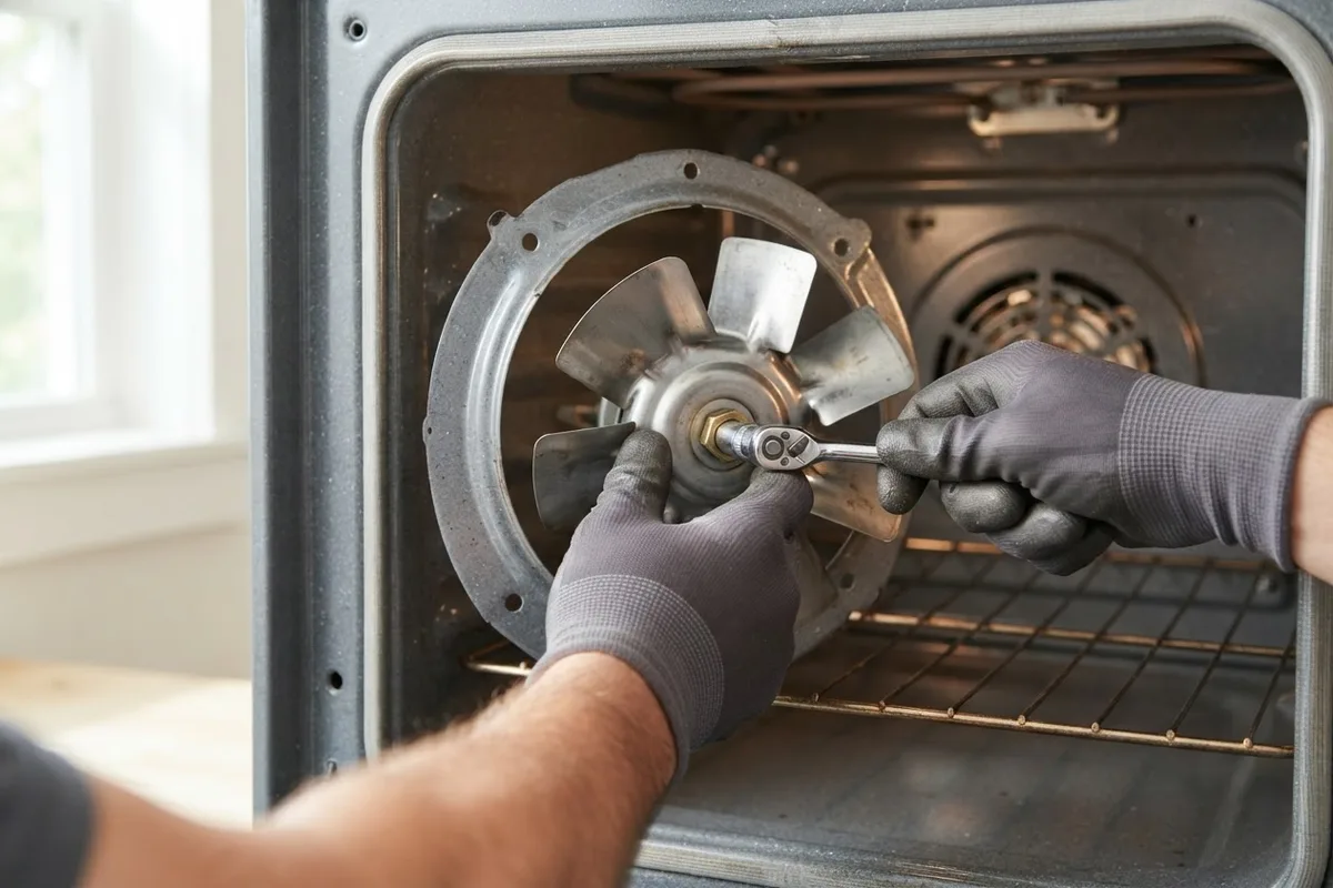 Homeowner inspecting a convection oven fan not working with the rear fan cover removed