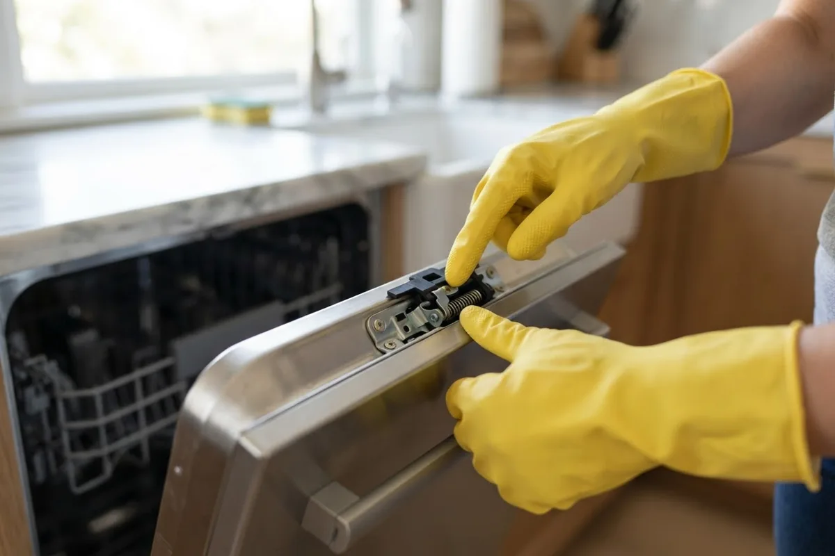 Close-up of a dishwasher door latch assembly being inspected to fix continuous beeping issues.