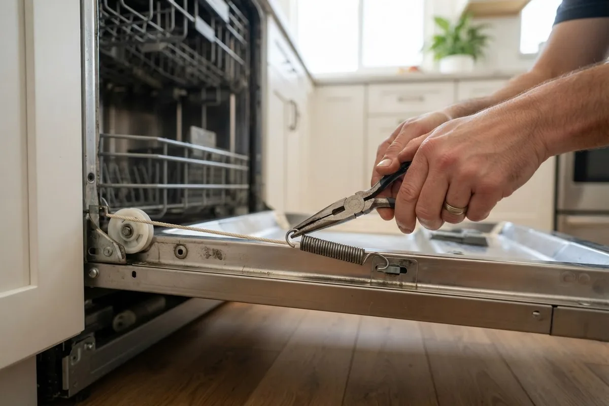 A homeowner adjusting the spring tension mechanism to fix a dishwasher door falling open.