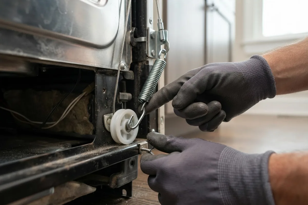 Hands installing a new spring and pulley cable to fix a dishwasher door heavy issue