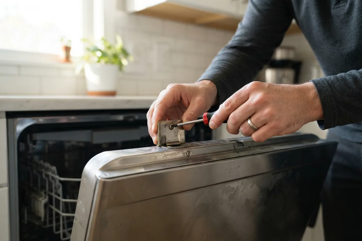 Close-up of adjusting a dishwasher door strike plate with a screwdriver to fix latch alignment.