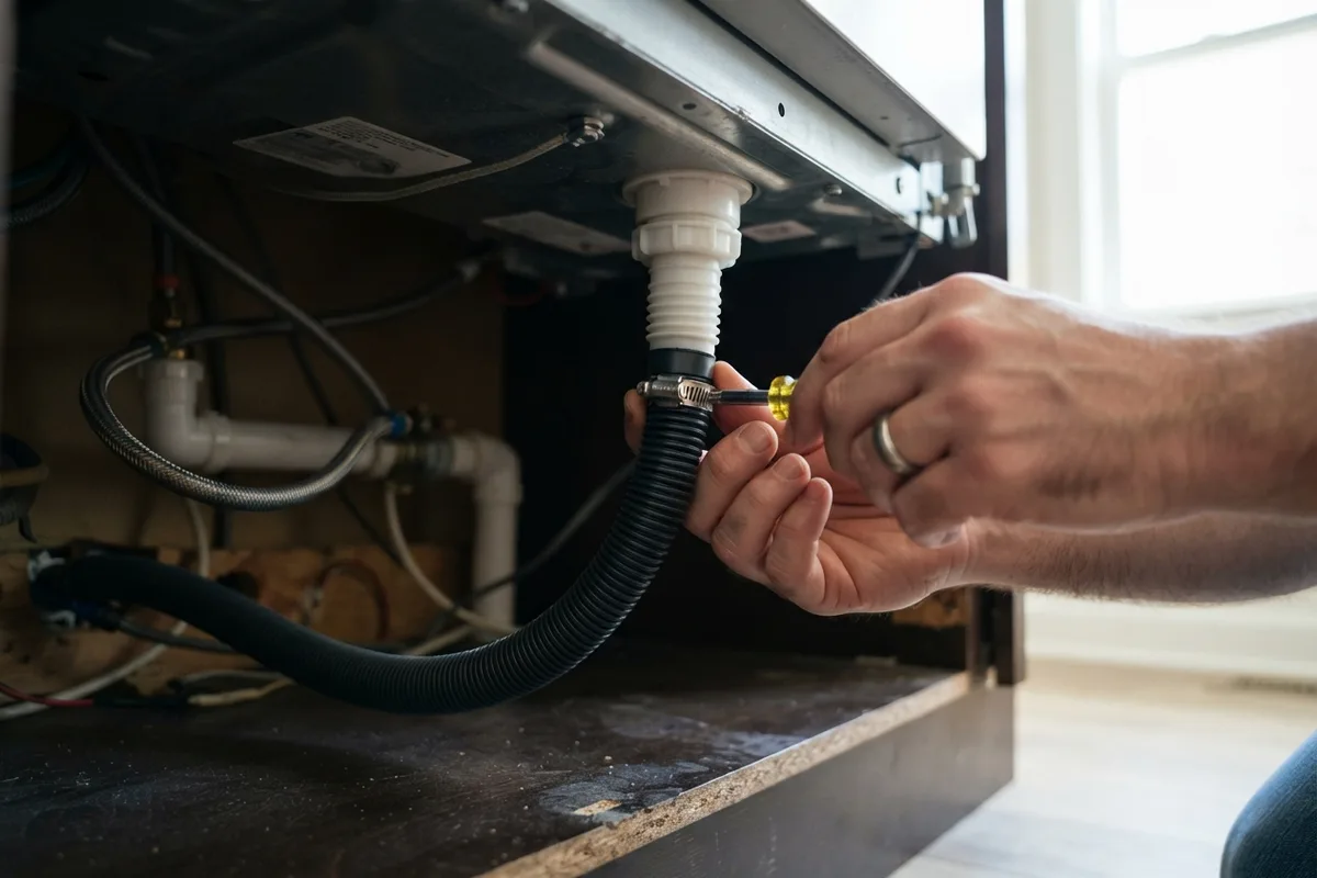 Close-up of tightening a drain hose clamp under the cabinet to fix a dishwasher leaking onto the kitchen floor.