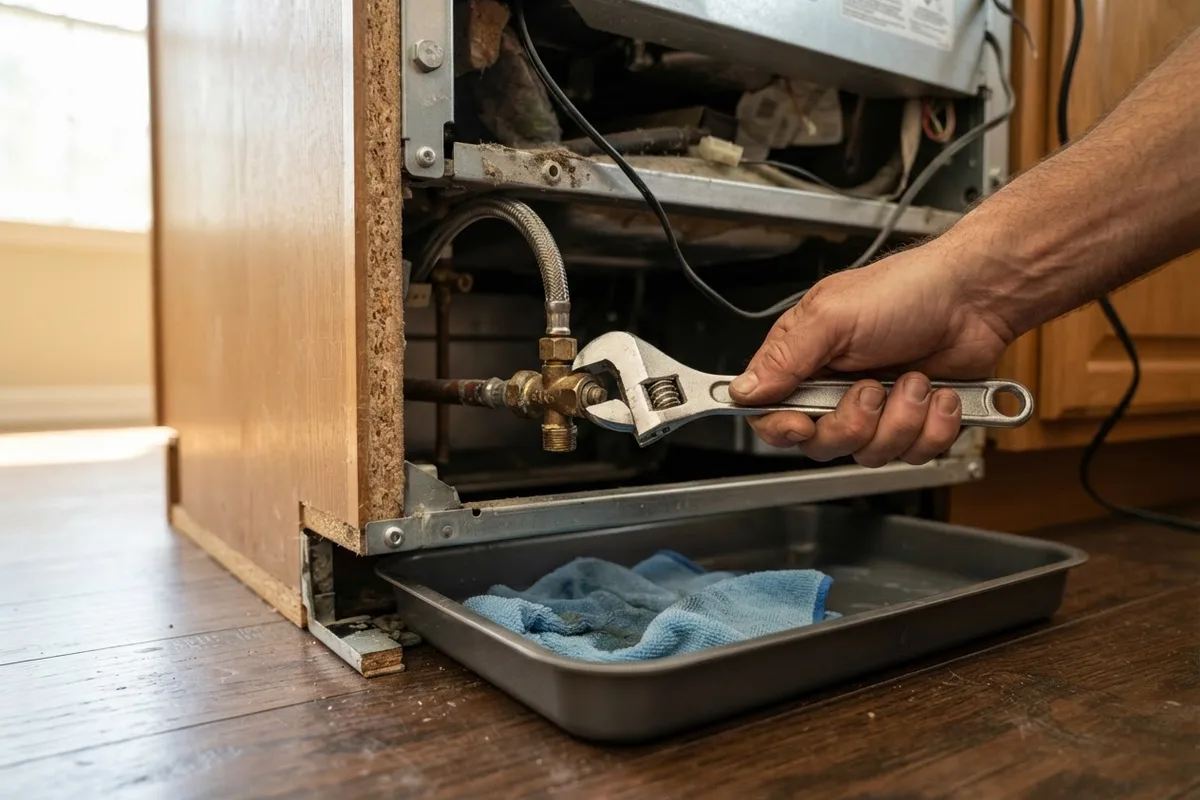 Homeowner inspecting the water inlet valve to fix a dishwasher making a buzzing noise