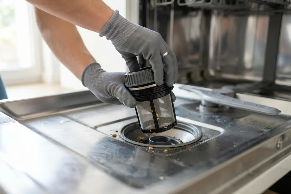 Gloved hands removing the bottom filter to fix a dishwasher making a clicking noise
