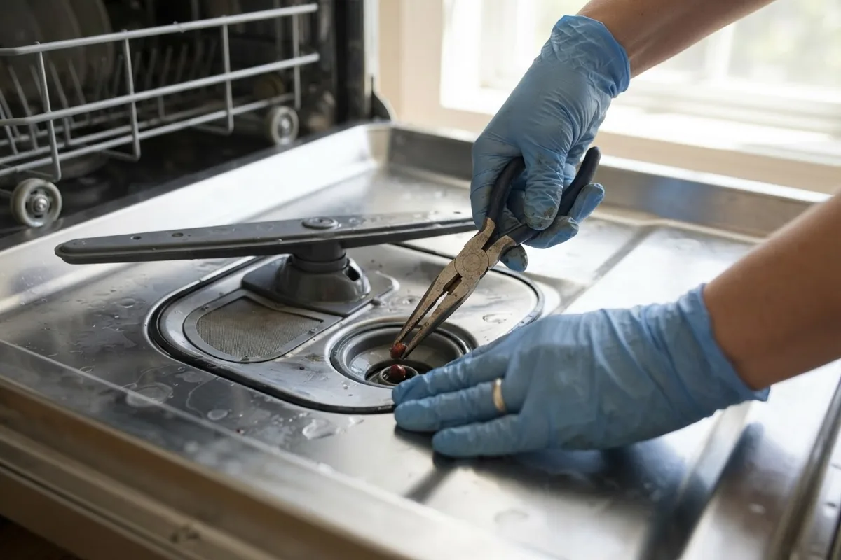 Homeowner inspecting the sump to fix a dishwasher making a grinding noise