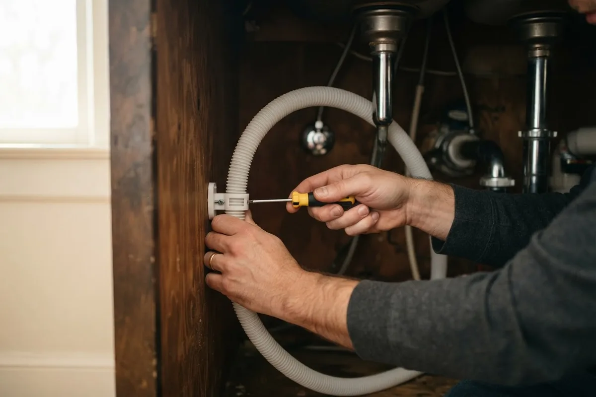 Homeowner securing a loose drain hose under the sink to fix a dishwasher making a knocking noise