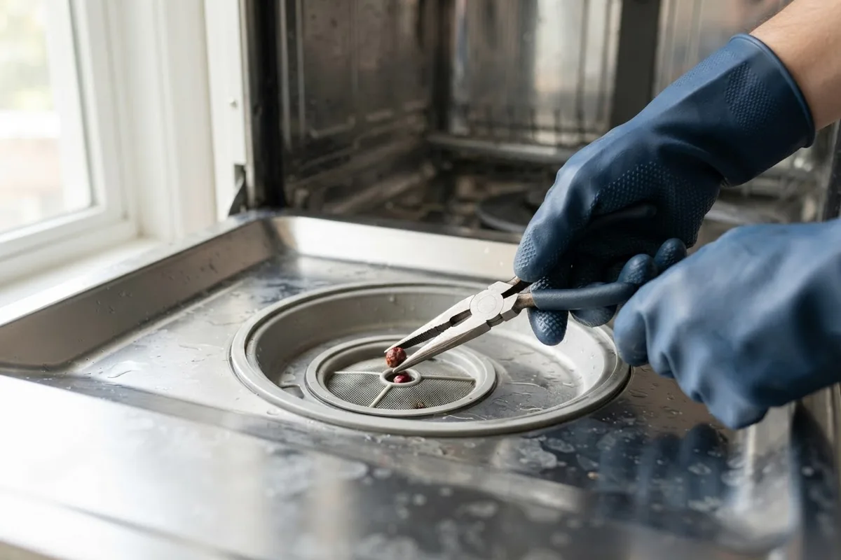 Homeowner clearing debris from the sump to fix a dishwasher making a rattling noise