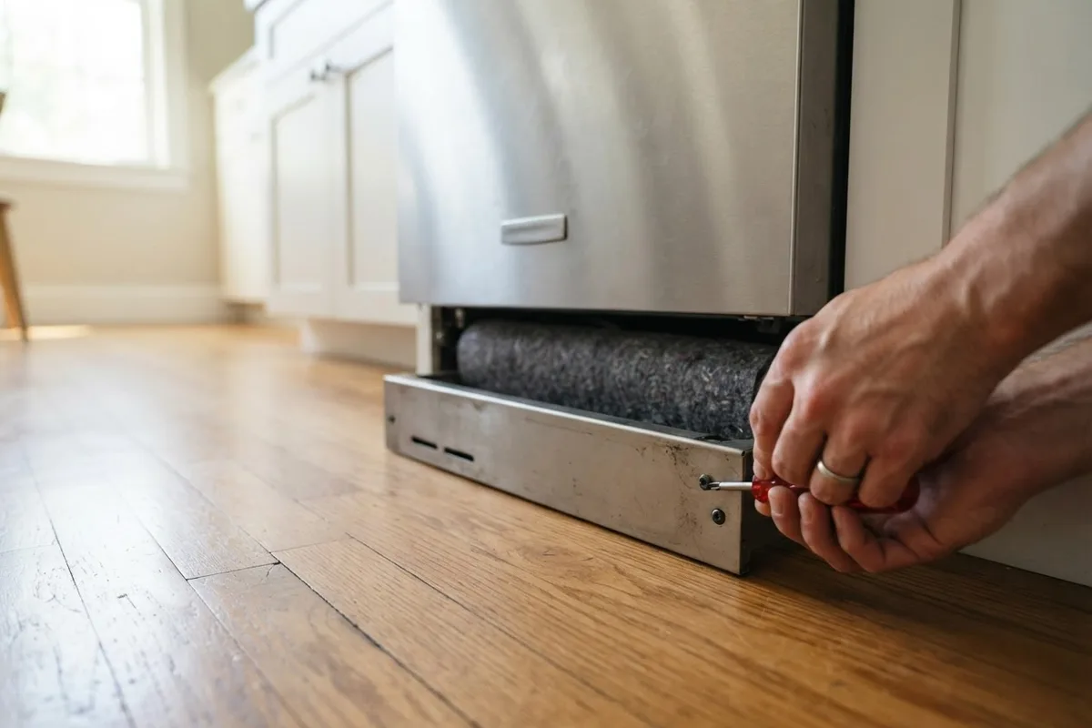 Homeowner checking the lower toe-kick insulation panel to fix a dishwasher making a whooshing noise
