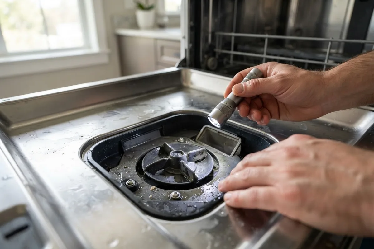 Close-up view of a technician inspecting a dishwasher drain pump impeller to remove trapped debris causing grinding noise.