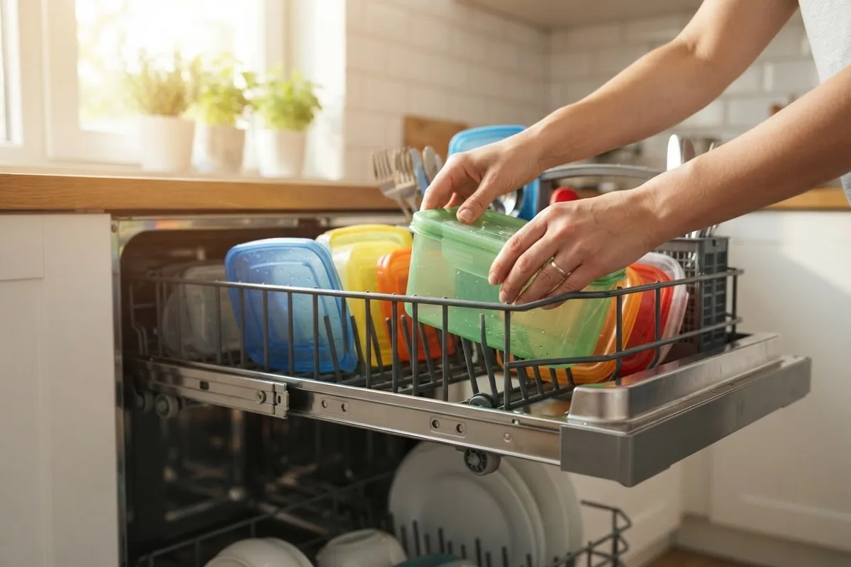 Loading plastic containers on the top rack to prevent a dishwasher melting plastic