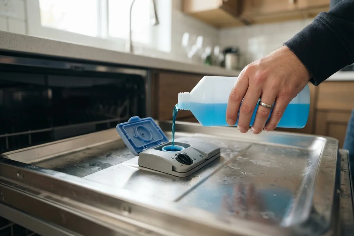 Refilling the rinse aid dispenser to fix a dishwasher not drying dishes