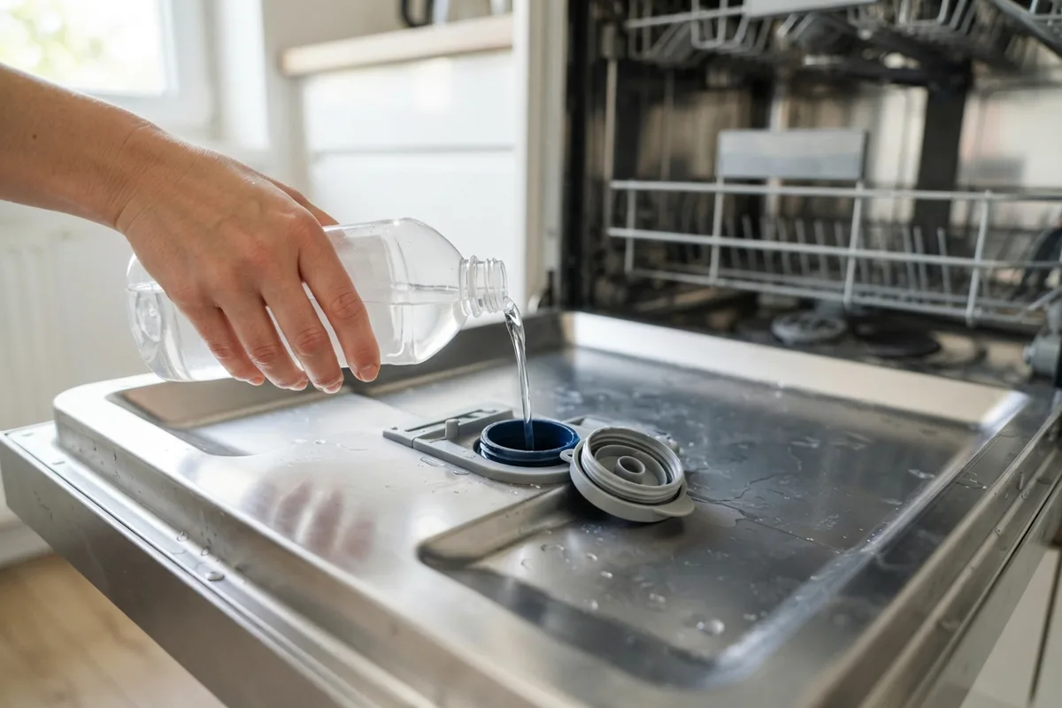 Refilling liquid rinse aid dispenser inside dishwasher door to fix dishwasher not drying issues.