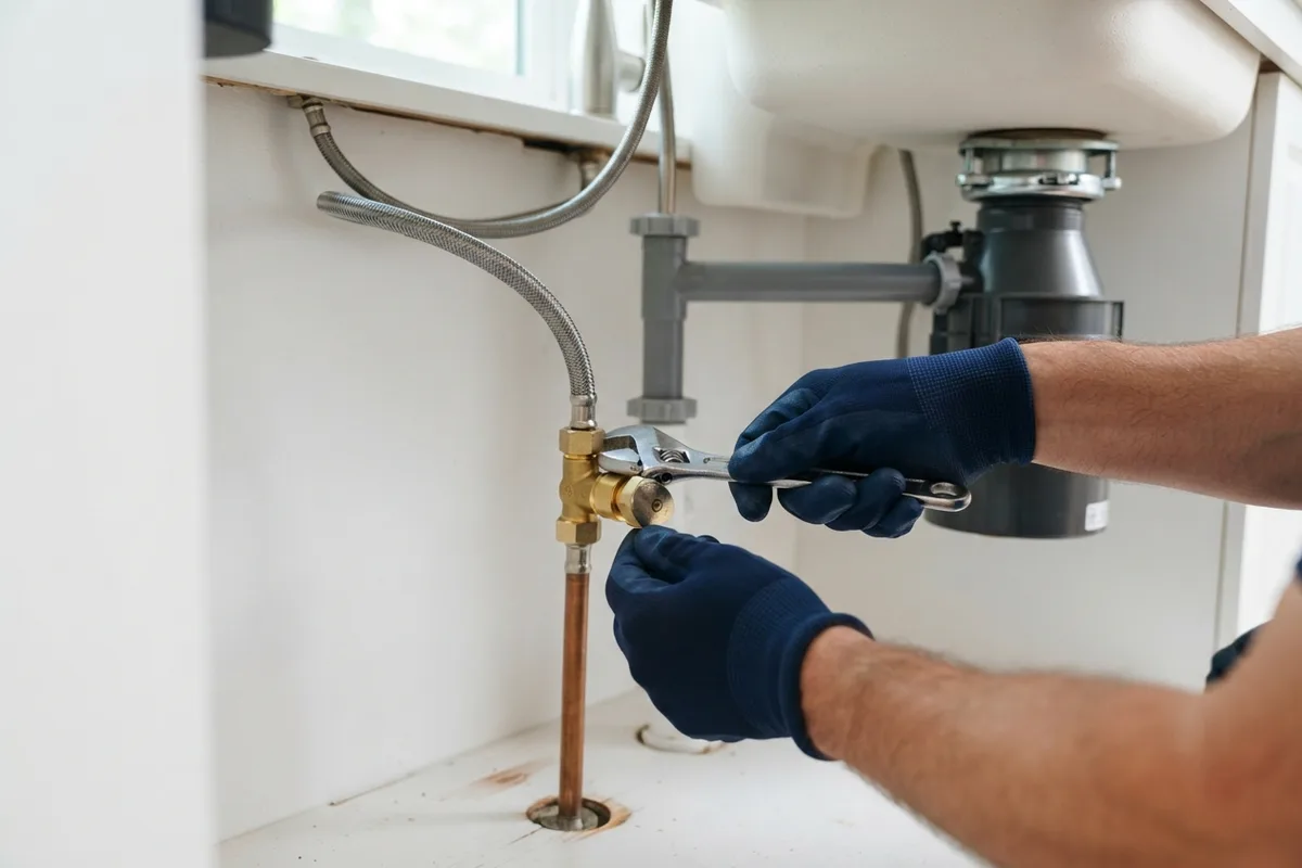Checking the water supply valve under the sink to fix a dishwasher not filling with water.