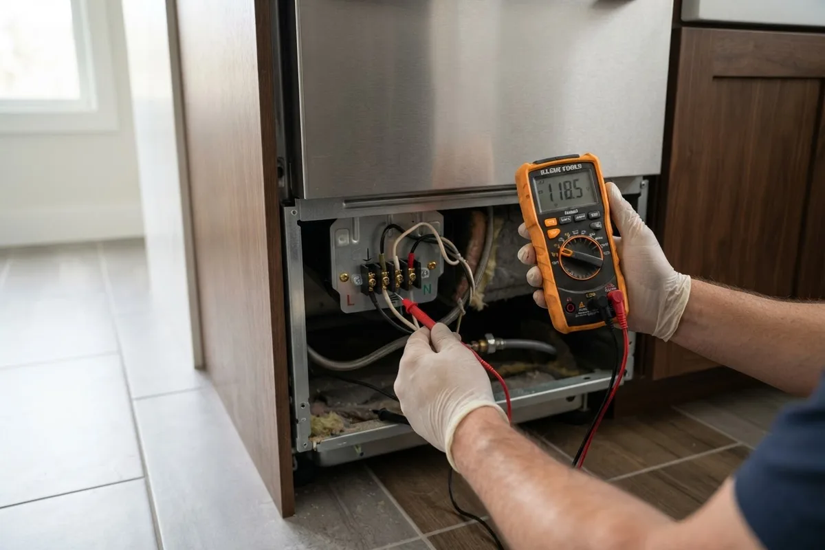 Troubleshooting a dishwasher not heating by checking internal components with DIY tools