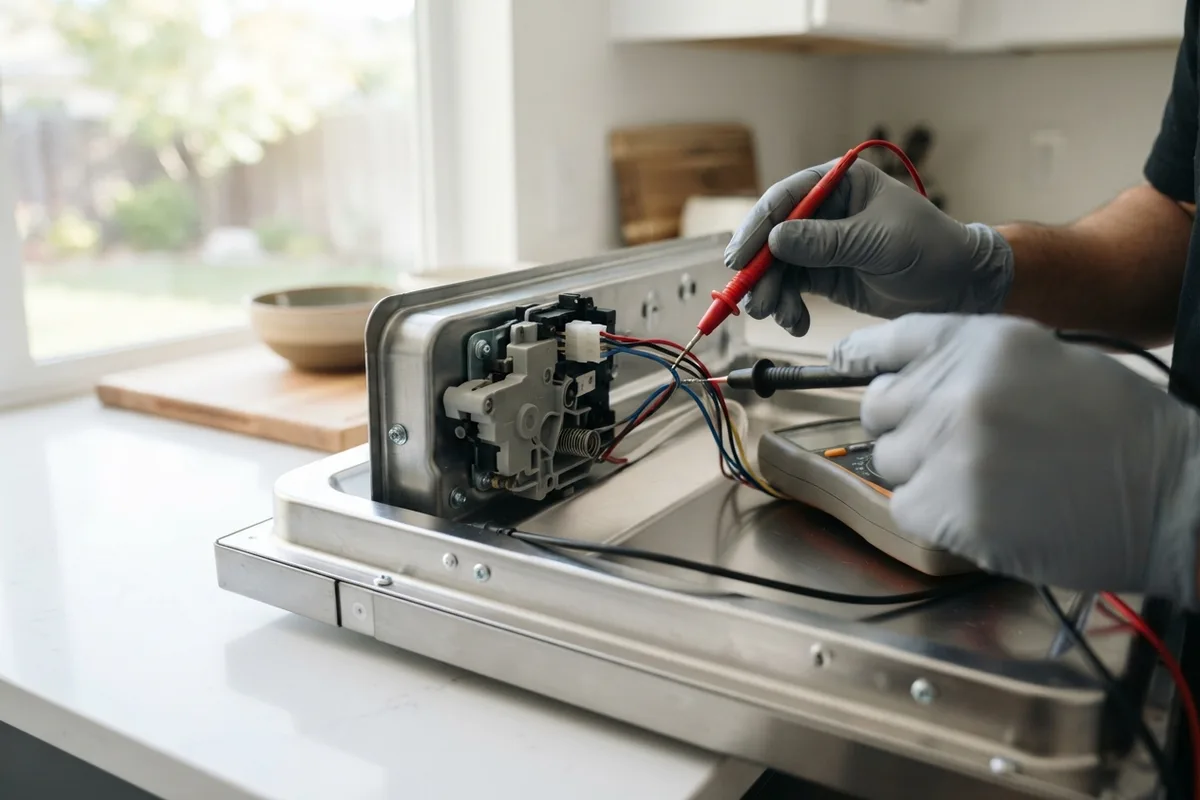 Hand testing a dishwasher door latch switch with a digital multimeter during power troubleshooting.