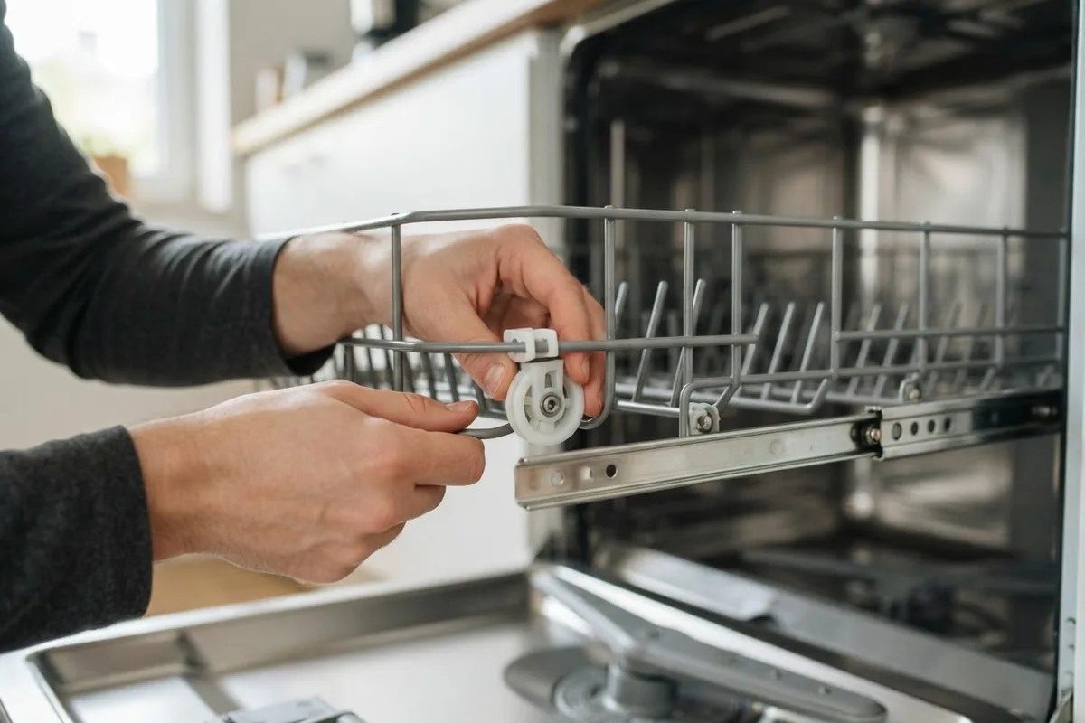 Replacing a broken plastic dishwasher rack wheel roller on a stainless steel guide track.