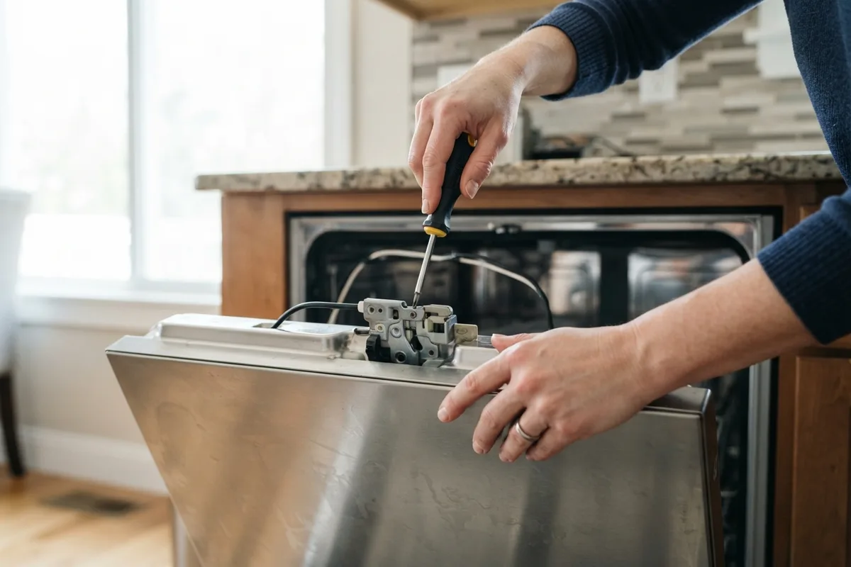 A homeowner using a tool to inspect and adjust a dishwasher door latch switch during a DIY troubleshooting project.