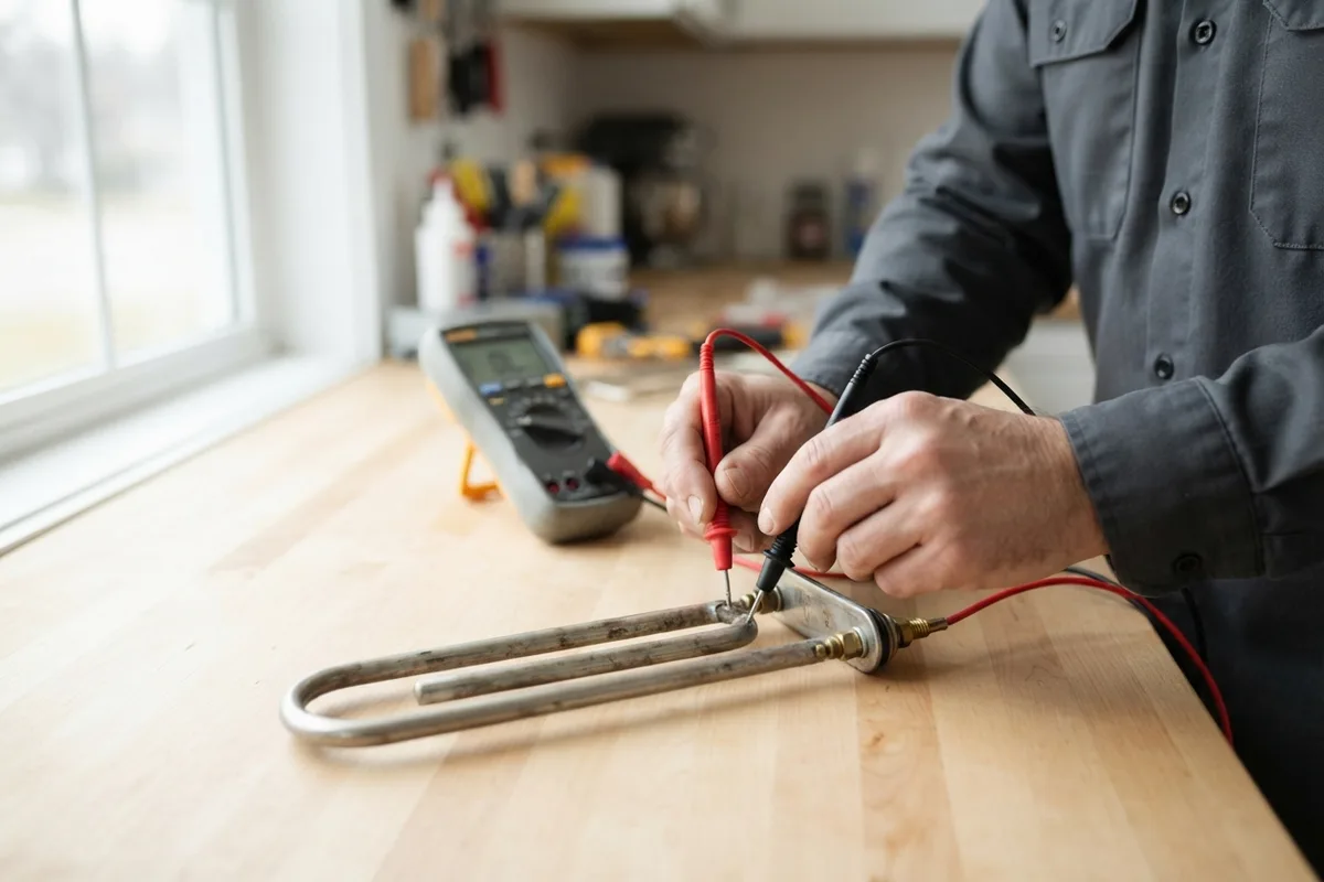 Troubleshooting a dishwasher heating element with a multimeter probe.