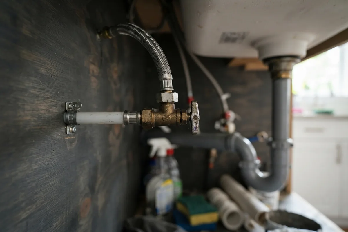 Close up view of a brass dishwasher water inlet valve and braided line being inspected for low water pressure.