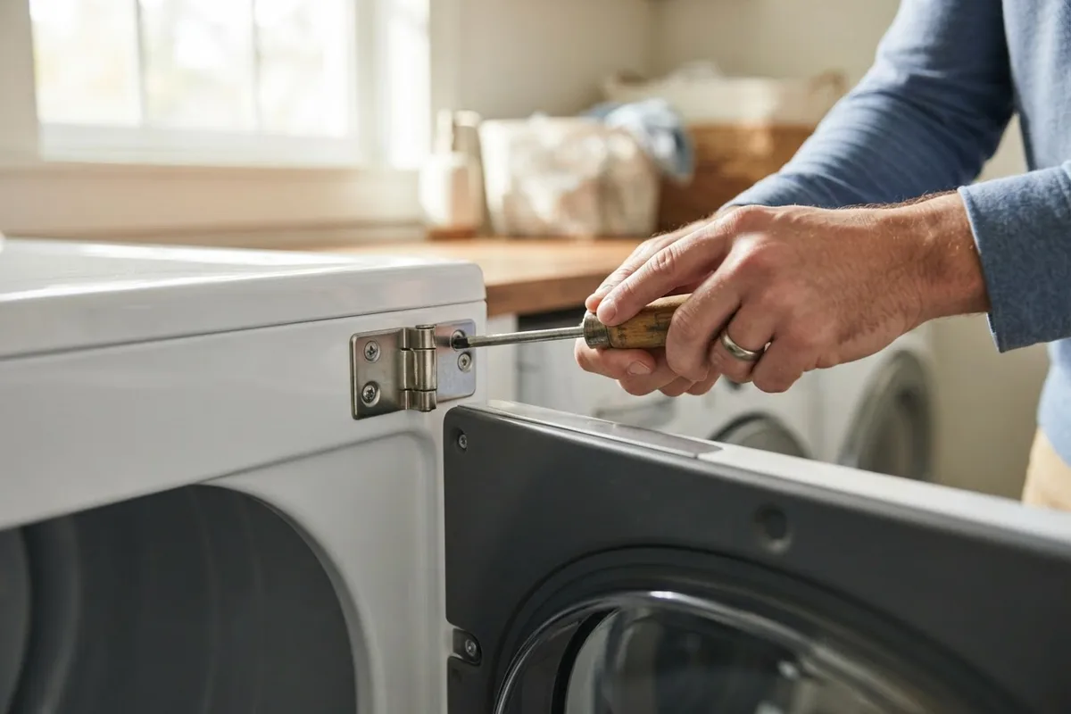 Tightening loose hinge screws to fix a dryer door that won't stay closed