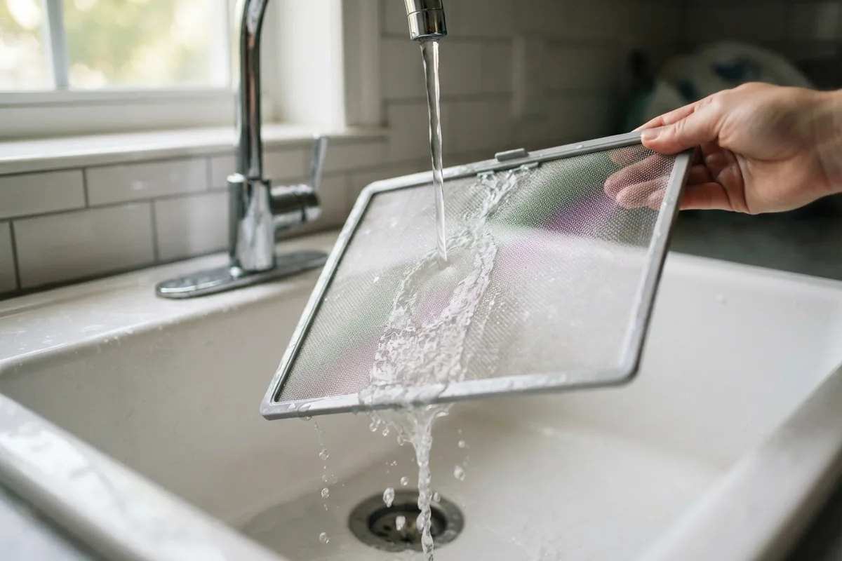 Rinsing a mesh lint screen under running water to remove buildup and stop dryer leaving lint on clothes.