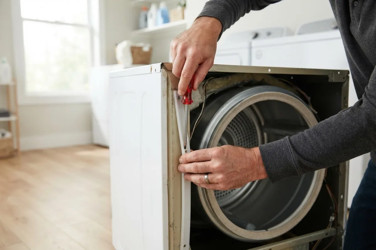 Hands replacing worn front drum glides to fix a dryer making a grinding noise