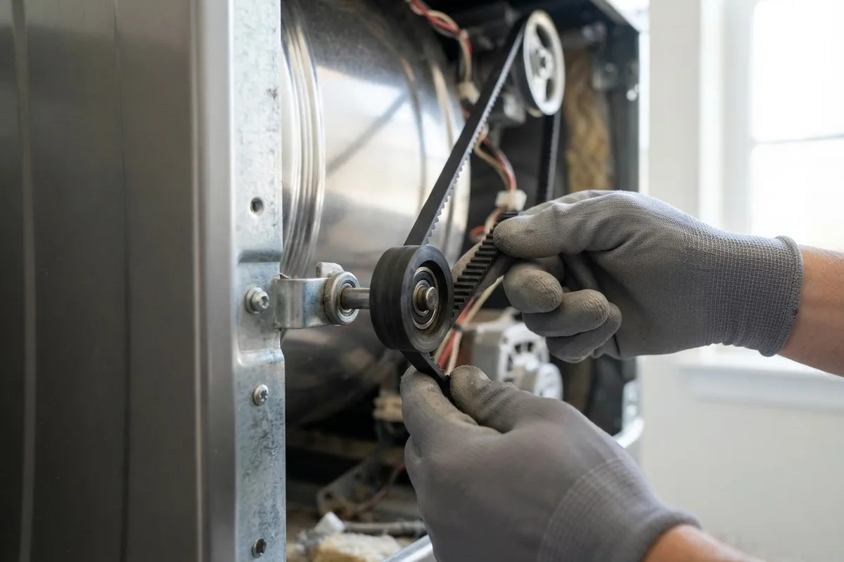 Hands inspecting a dryer belt and drum roller to fix a dryer making a popping noise