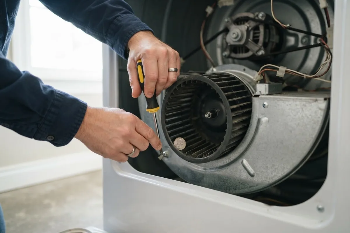 Homeowner inspecting a blower wheel to fix a dryer making a rattling noise