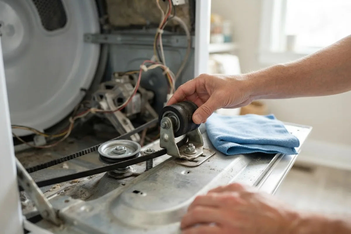 Hands inspecting a dryer drum roller to fix a dryer making a squeaking noise