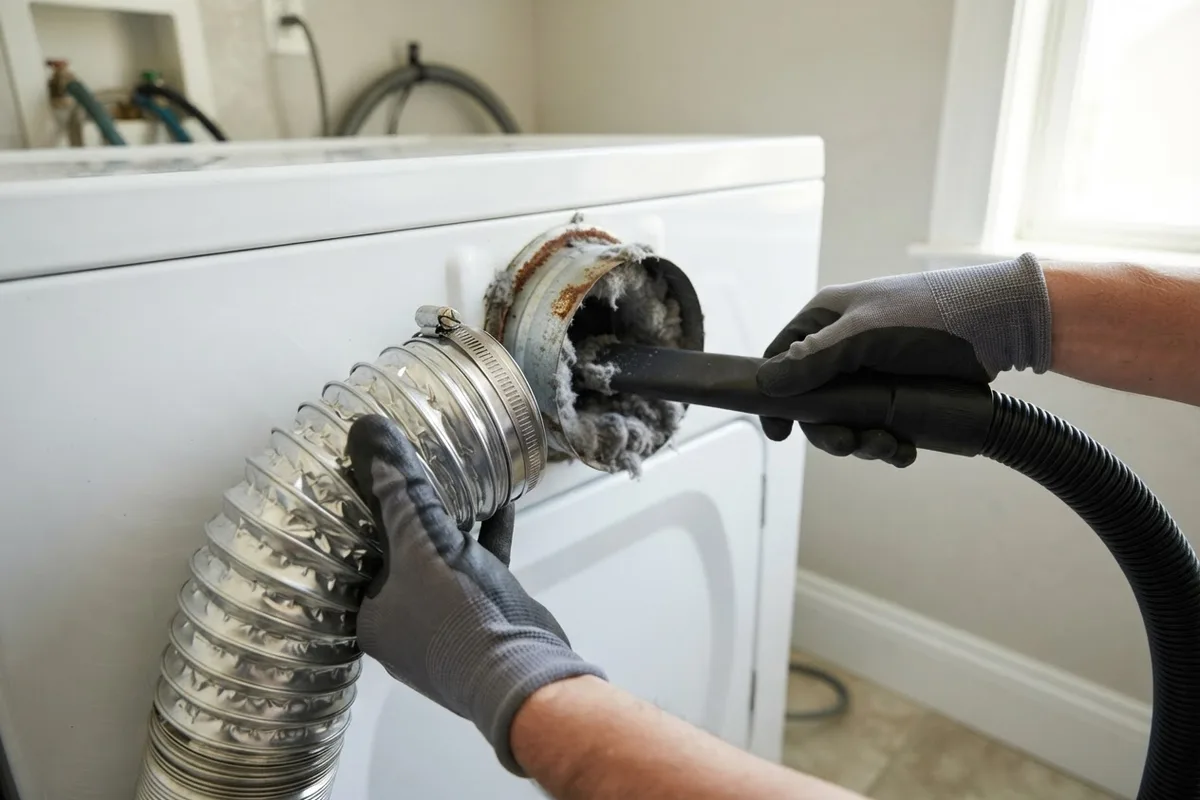 Homeowner cleaning lint from a clogged exhaust duct to fix a dryer not heating
