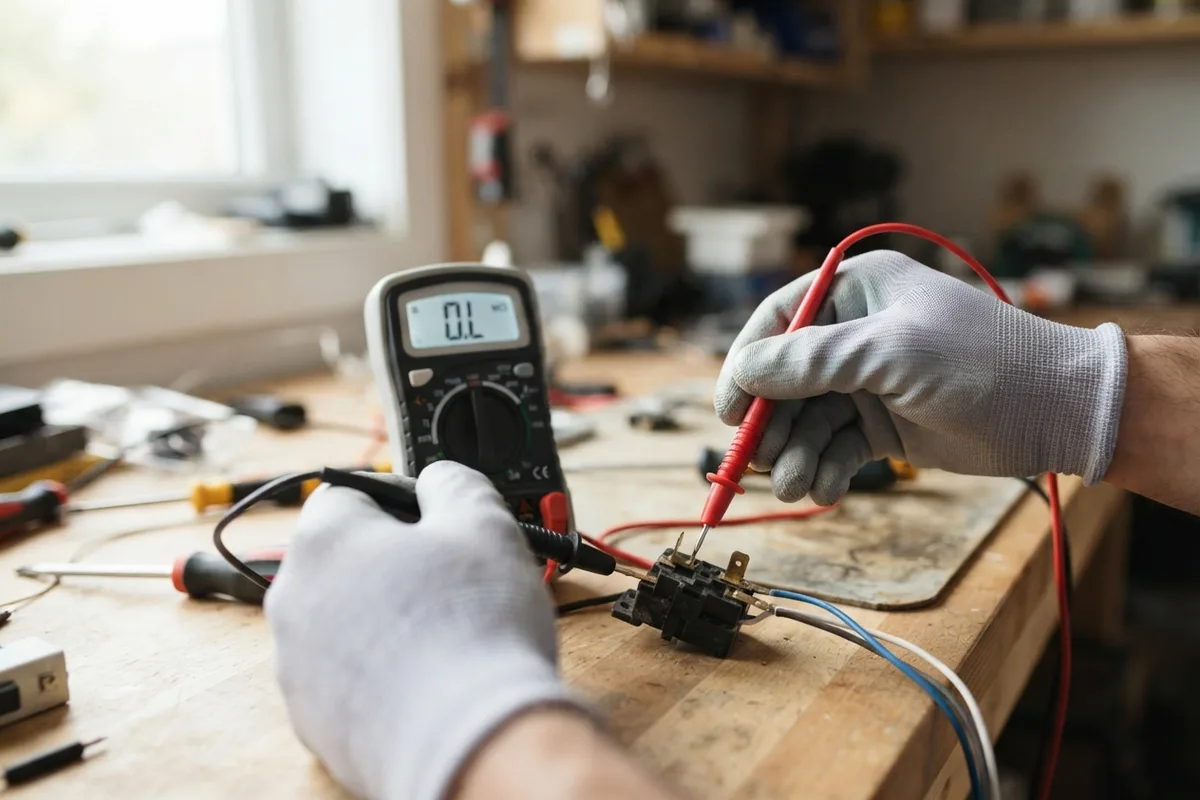 A homeowner testing a dryer door switch with a digital multimeter to diagnose why a dryer will not stop running.