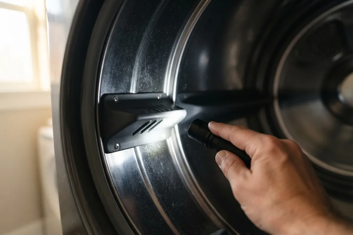 Close-up inspection of an inner clothes dryer drum baffle to stop dryer snagging clothes during cycles