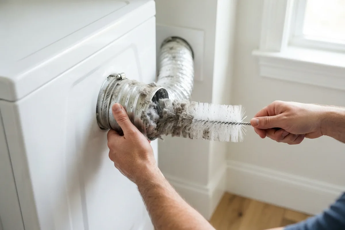 Homeowner using a vent brush to clear lint accumulation from a metal dryer exhaust duct.